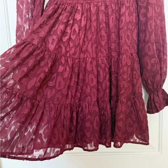 Vici leopard appliqué wine colored flounce smocked & tiered dress. So pretty! - Picture 5 of 9